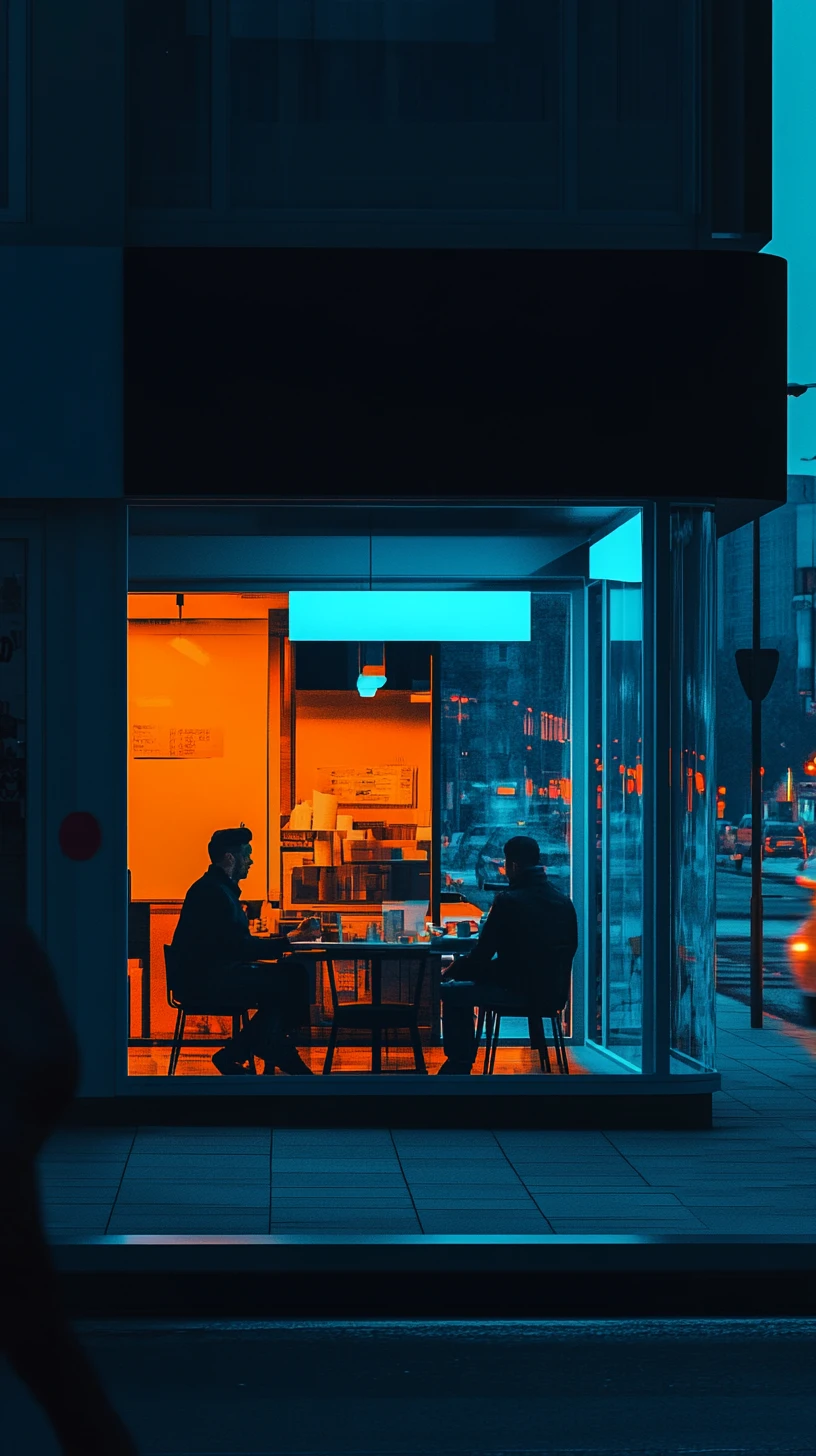 Minimalist city cafe at night with lonely street scene