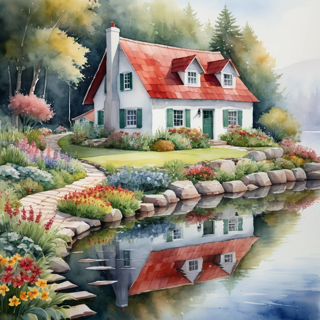 Cottage blanc rustique au bord d’un lac paisible enveloppé de brume
