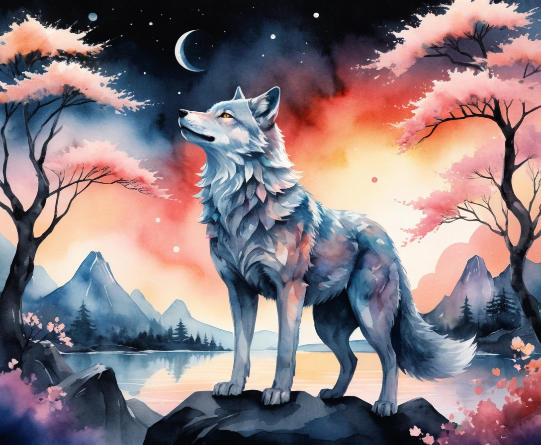 Tiny mystical wolf on glowing cherry blossom branch