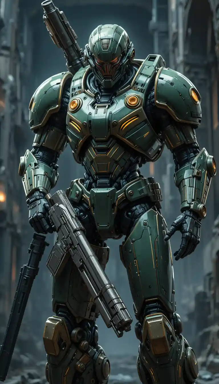 Armored green mecha with massive sci fi gun