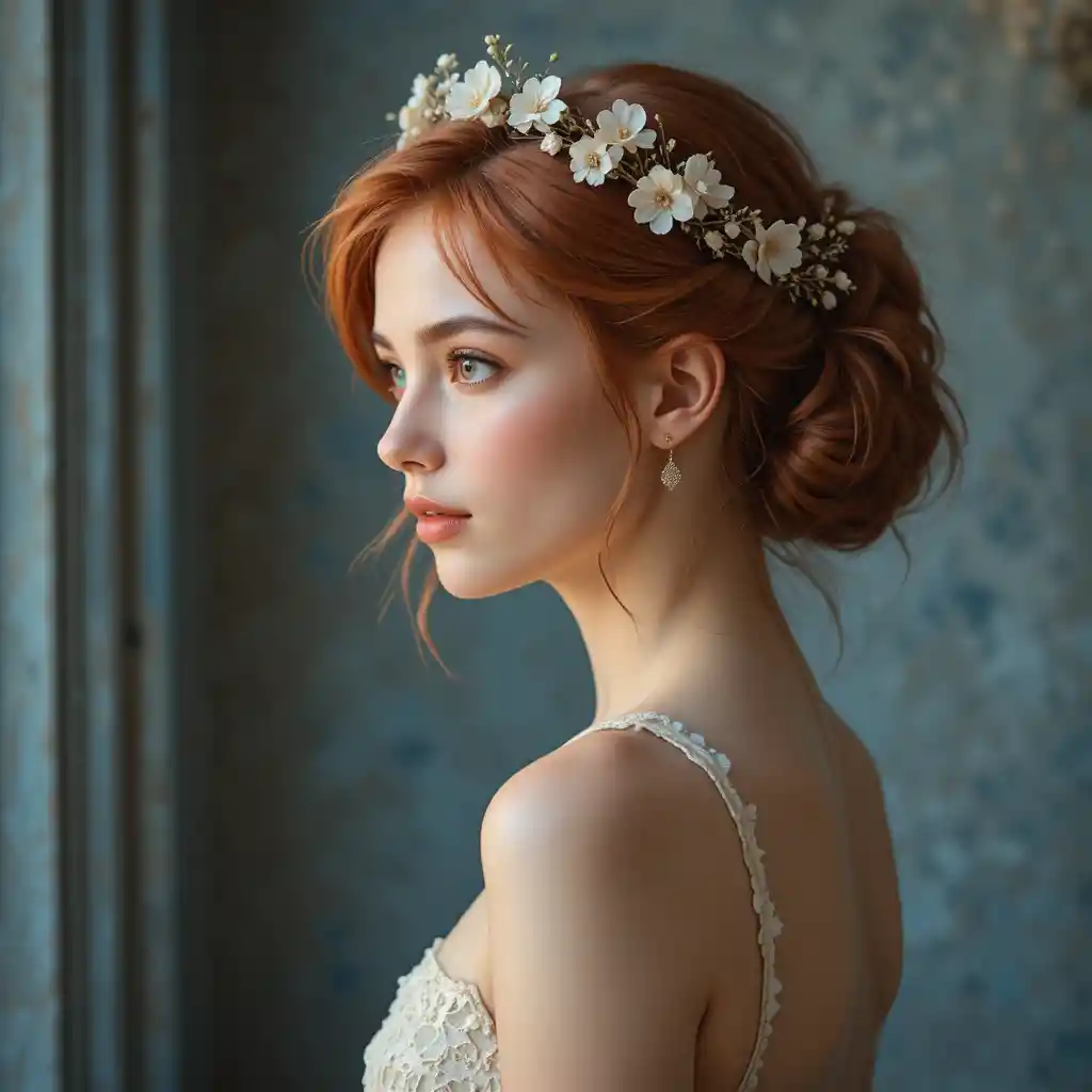 Young woman in floral crown with soft side light