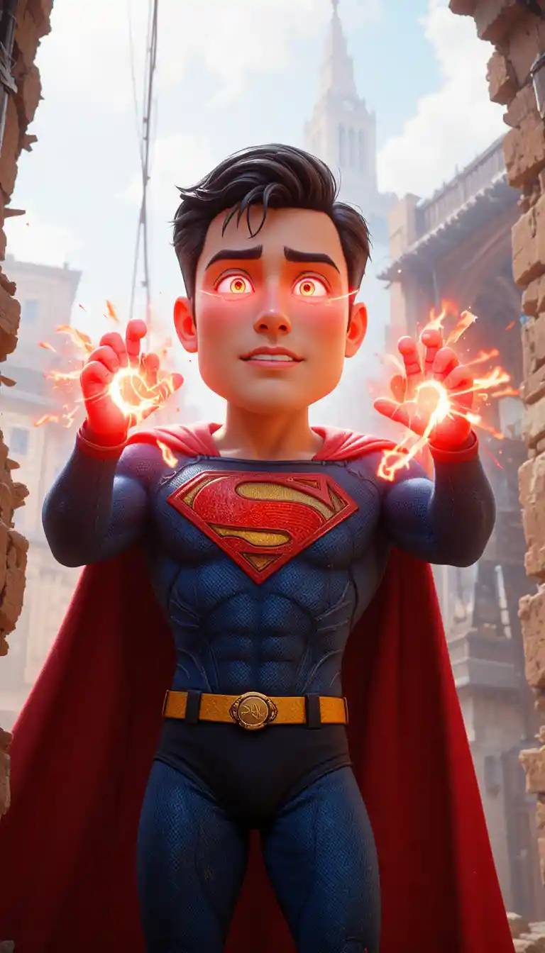 3D superhero using heat vision to repair damaged structure