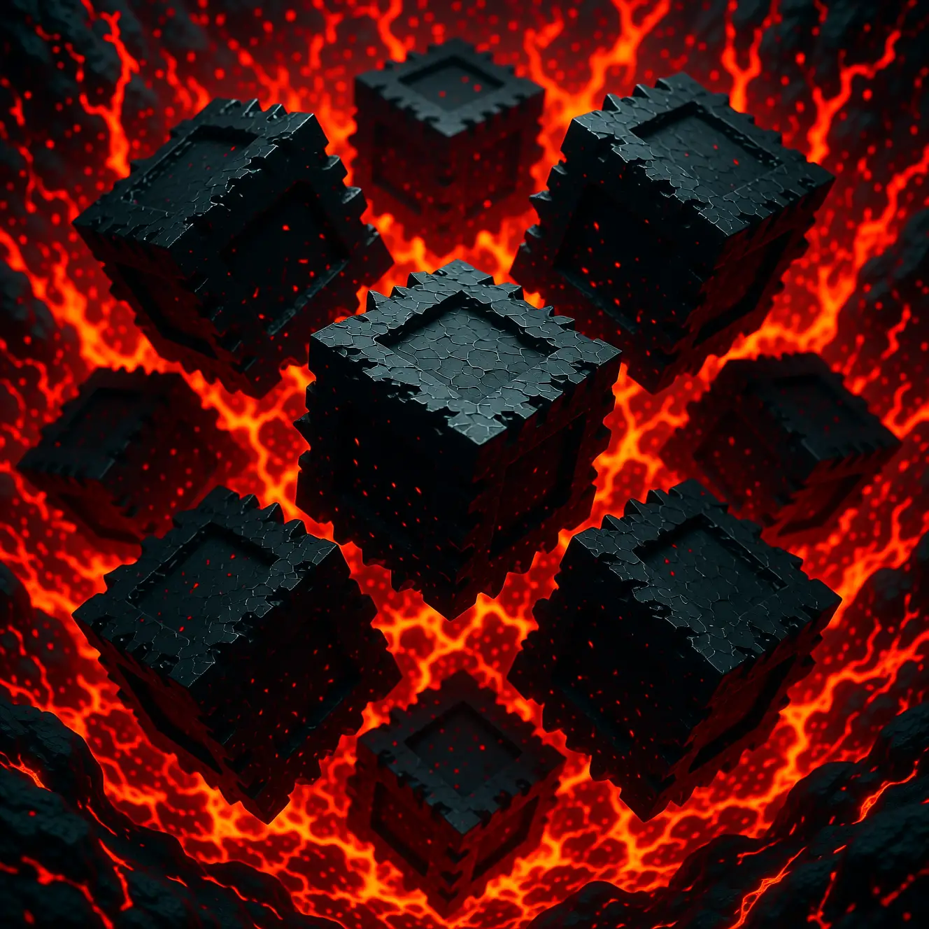 Chaotic black cubes swirling in blazing red space