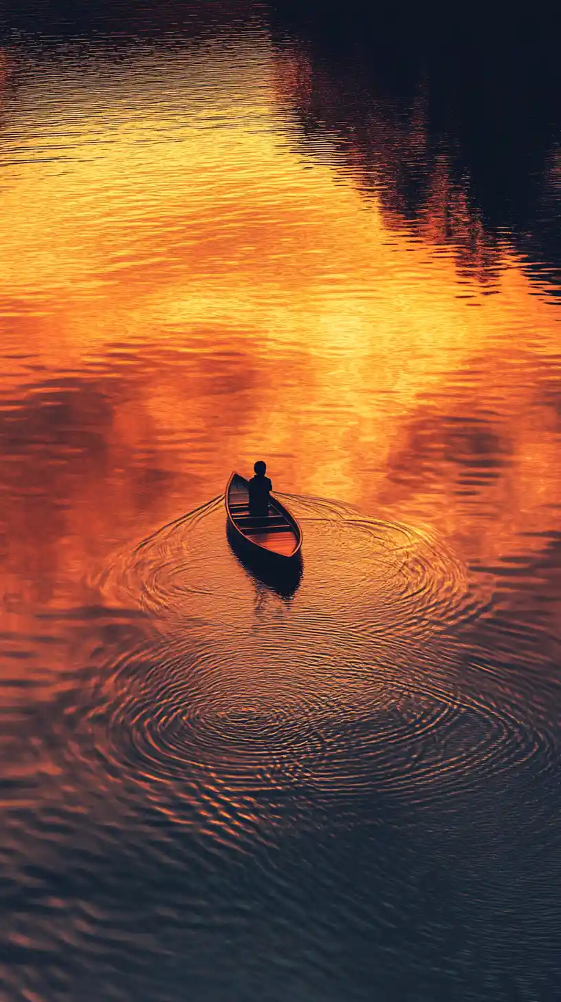 Einsames Boot auf einem ruhigen See im goldenen Sonnenuntergang