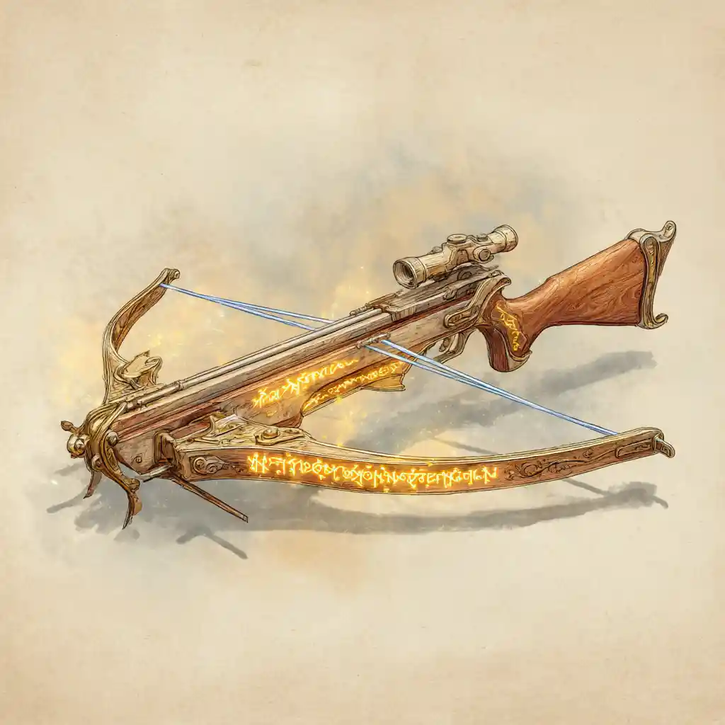 Enchanted maple crossbow with glowing runes on parchment