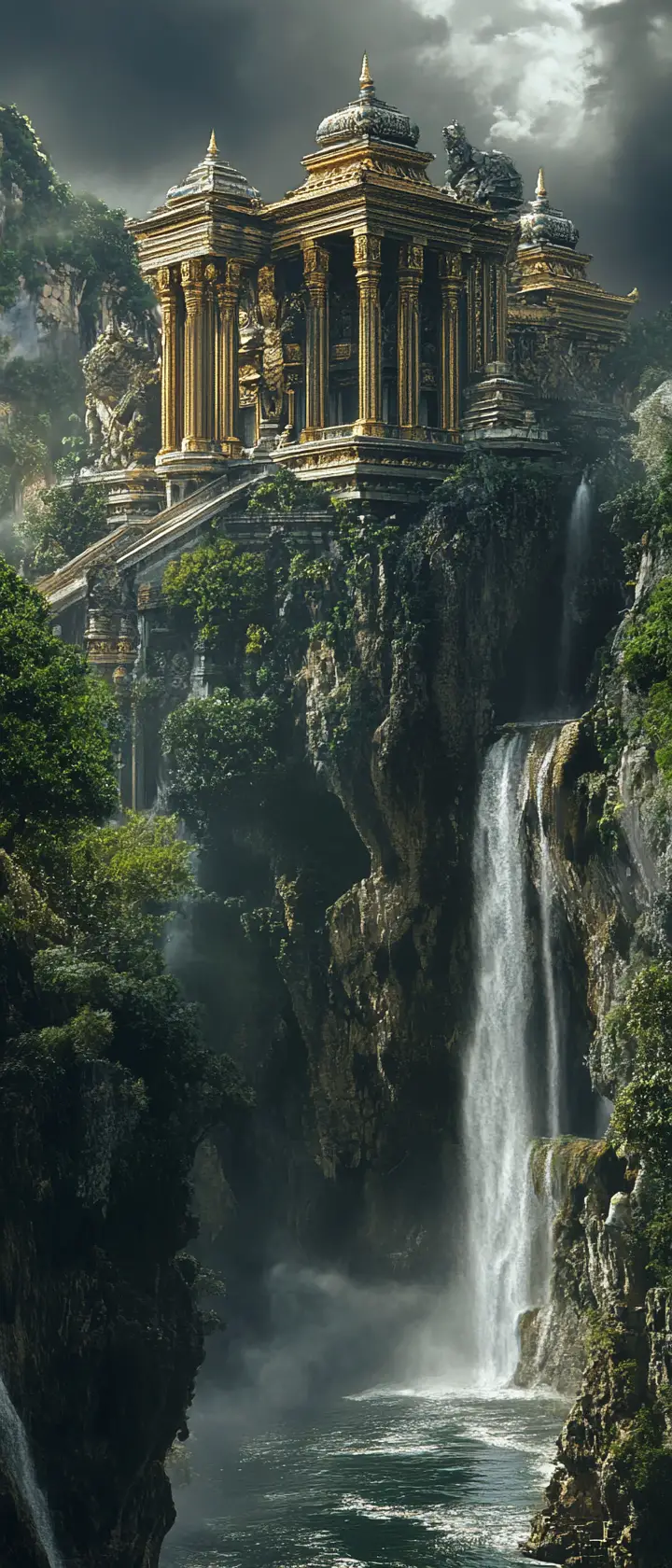 Clifftop Buddha temple above waterfall and stormy sea