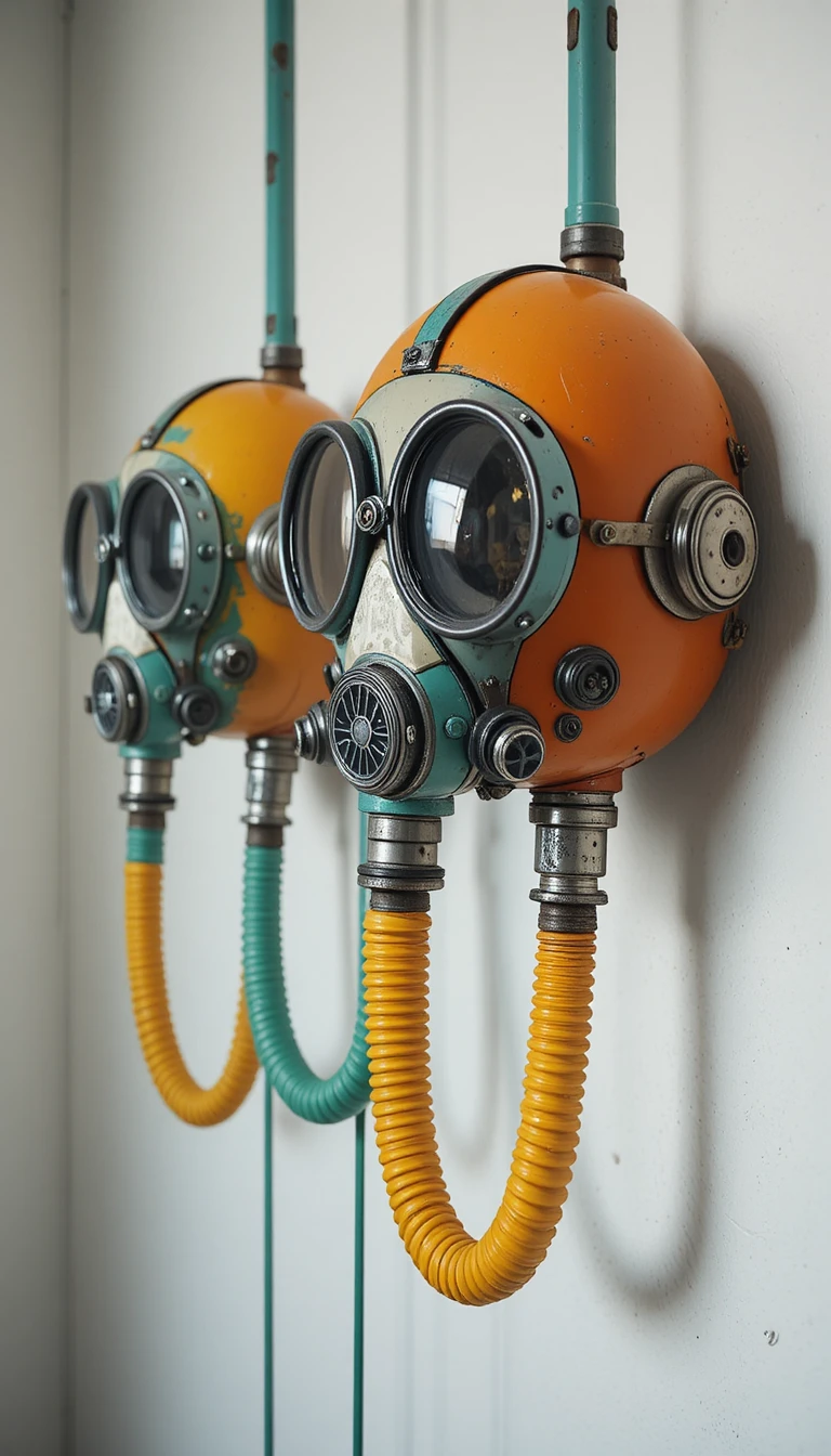 Colorful vintage diving masks hanging on a white wall