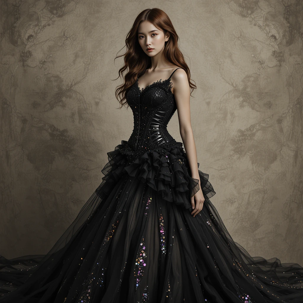 Korean woman in black beaded gown with glowing flowing train