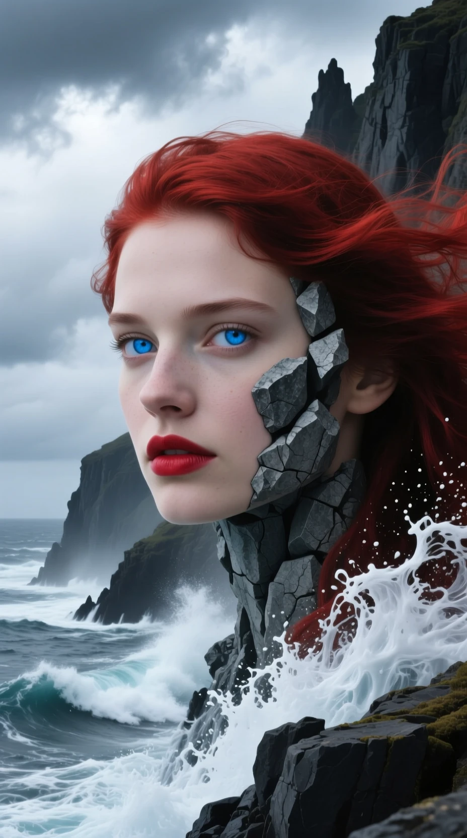 Surreal woman merging with a dramatic rocky coastline