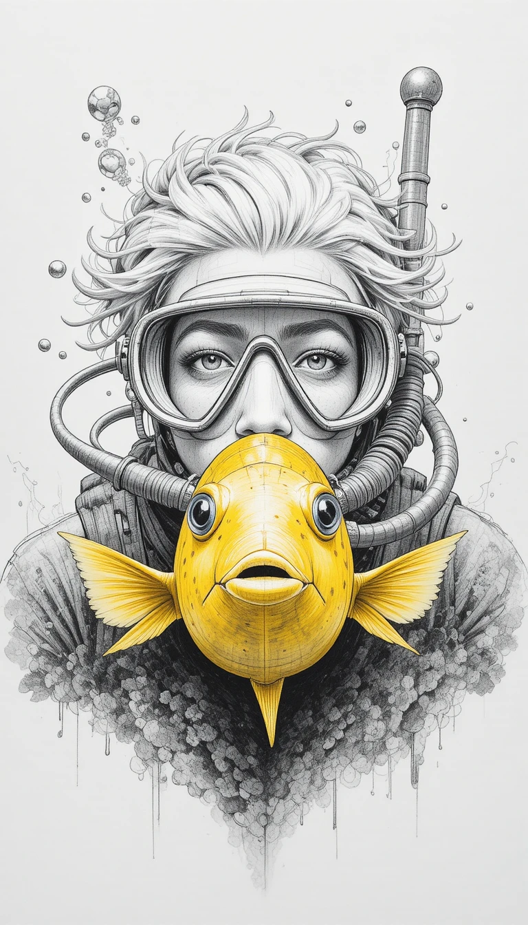 潛水員與黃色斑點魚的鉛筆素描