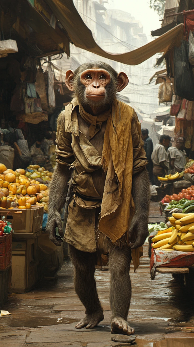 Playful monkey walking through a colorful Indian street market