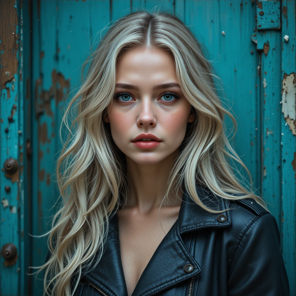 Melancholic young woman portrait against weathered turquoise door