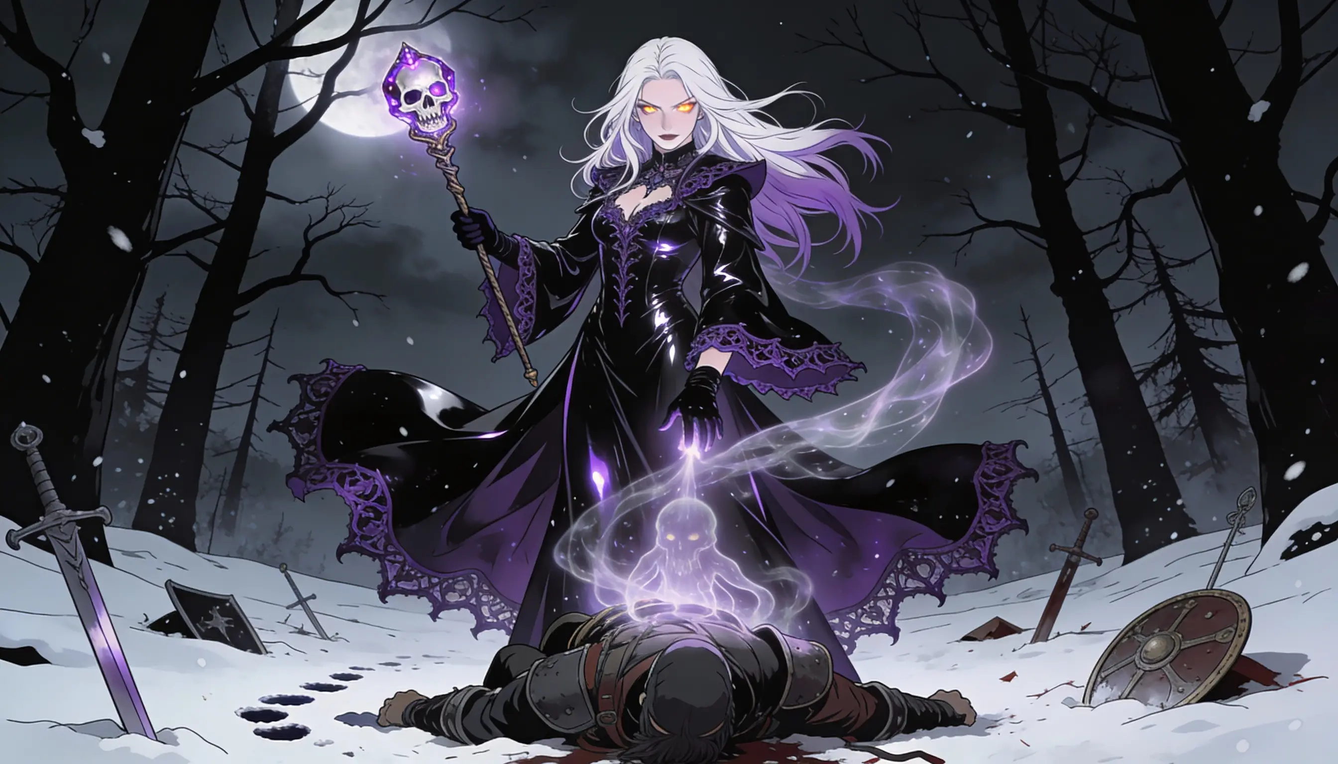 Necromancer Woman Drawing Souls In A Winter Forest