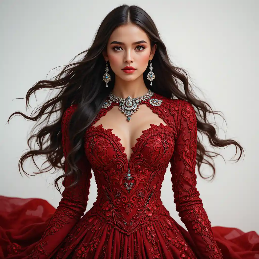 Elegant woman in patterned red dress with flowing hair