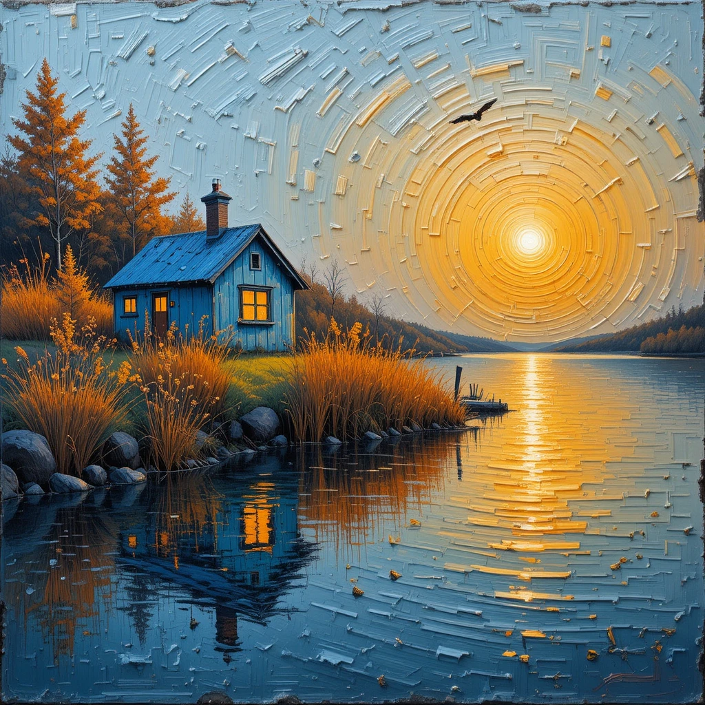 Capanna rustica sul lago in pittura a olio al tramonto luminoso
