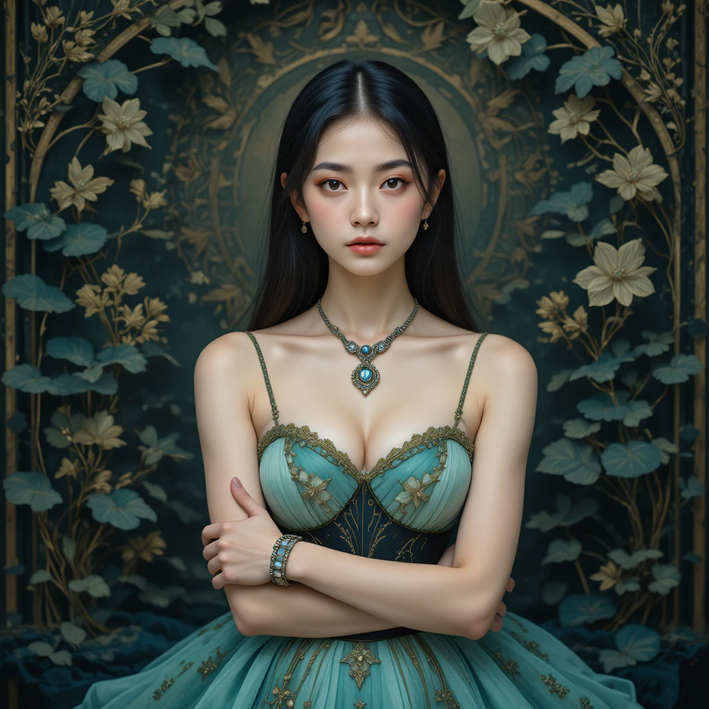 Young Asian woman in flowing green art nouveau gown