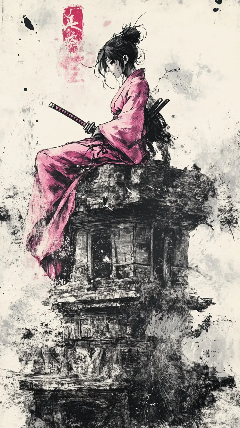 Young samurai woman on ancient temple ruins in ink painting