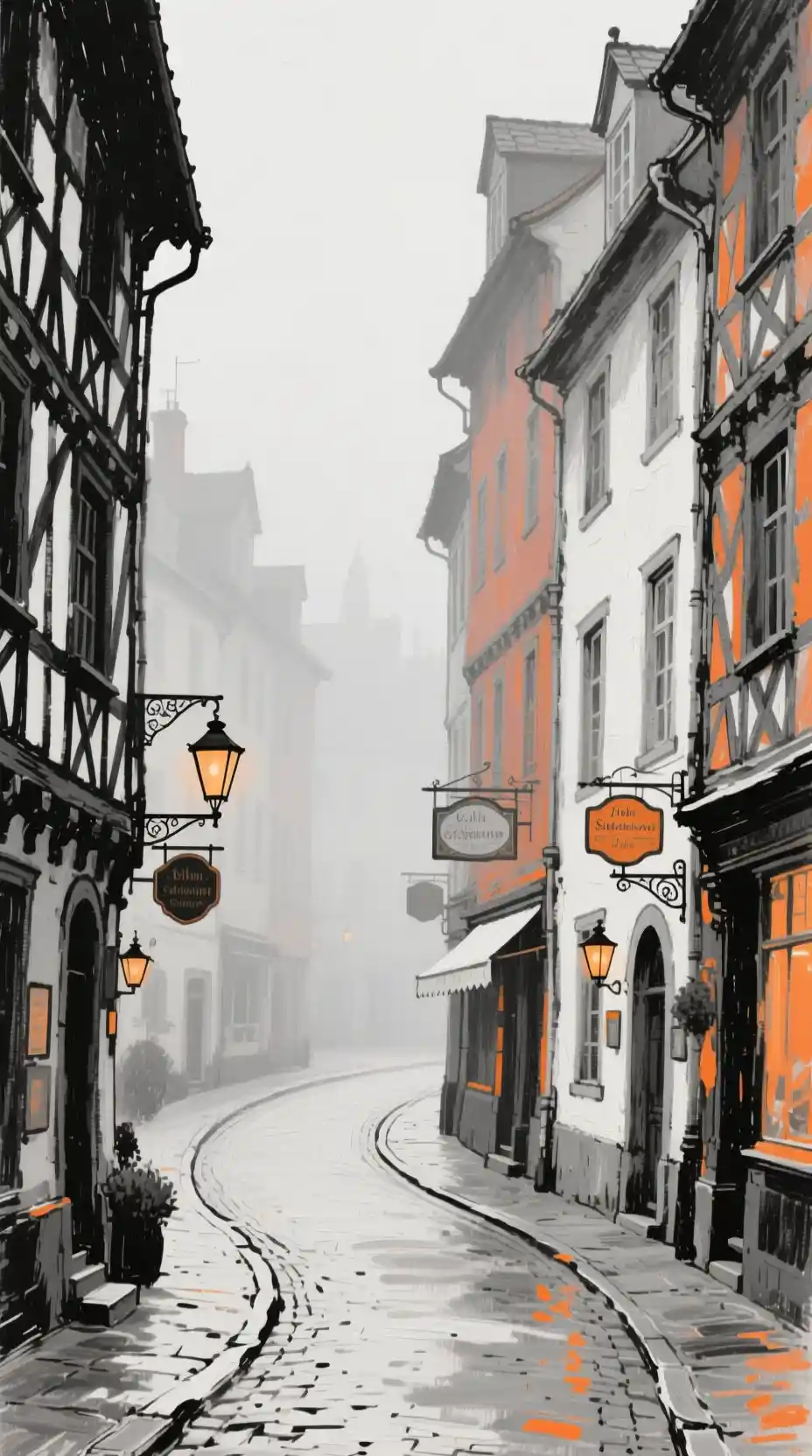 Neblige historische Straße mit hohen europäischen Gebäuden