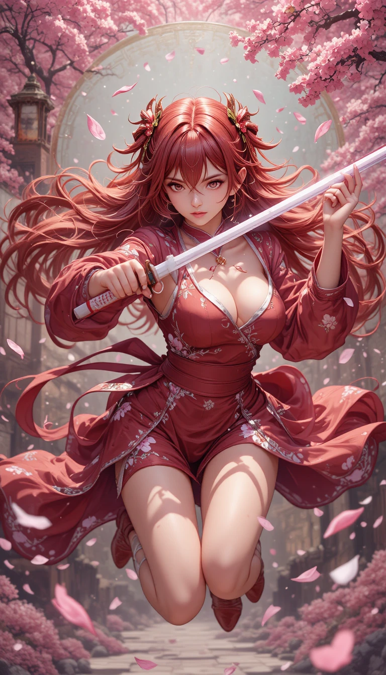 Anime-Schwertkämpferin springt mit Katana und Sakura-Blüten