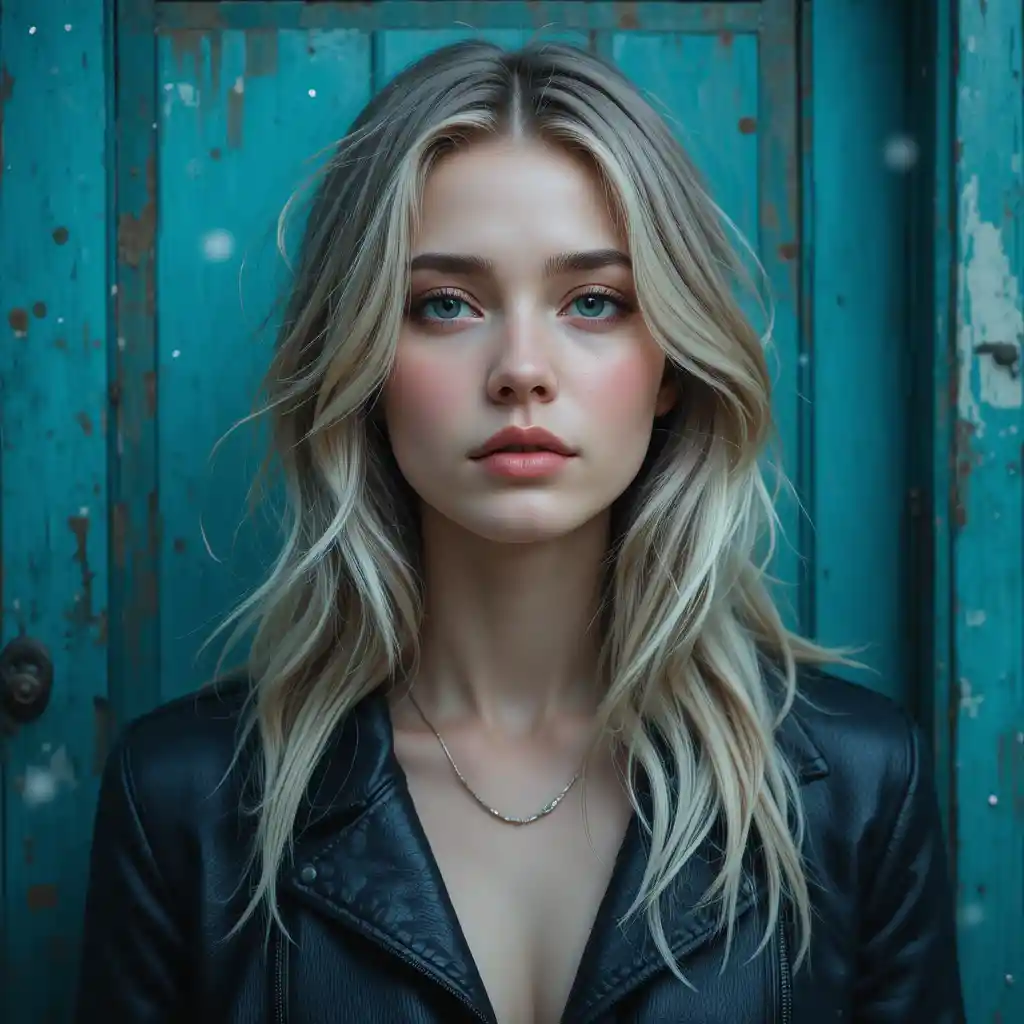 Melancholic young woman portrait against turquoise door