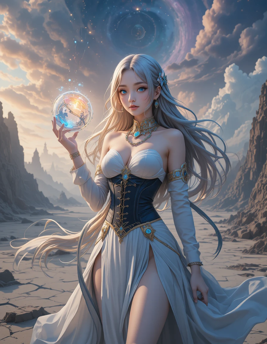 Anime girl holding a glowing orb over a shattered land