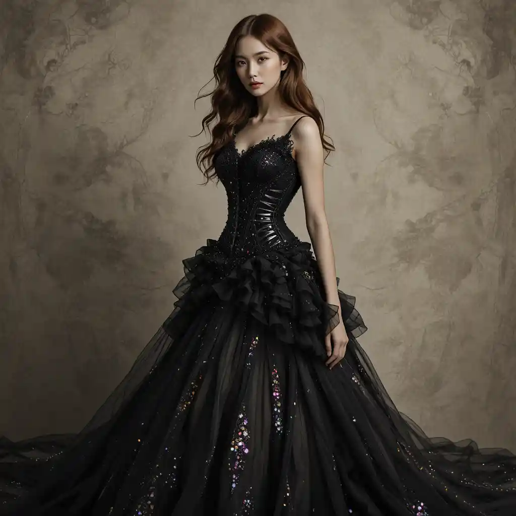 Korean woman in black beaded gown with glowing flowing train