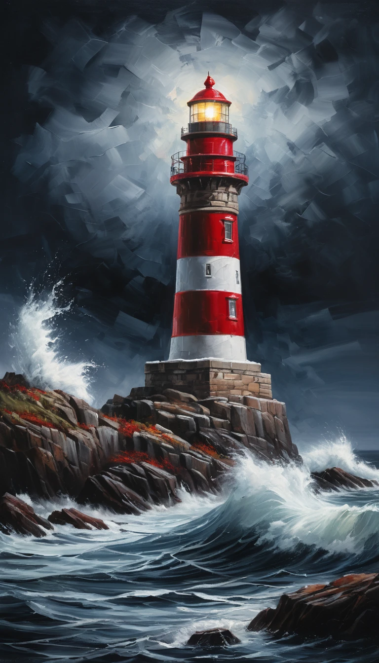 Faro rosso e bianco tra le onde di una tempestosa notte d’inverno
