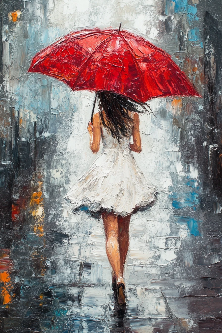 Femme élégante avec parapluie rouge dans une rue de ville sous la pluie
