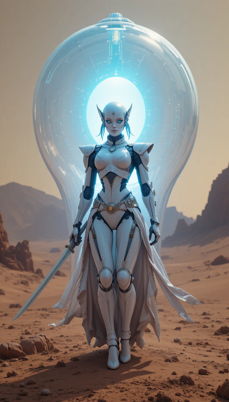 發光火星反應爐燈泡中的北歐女性機器人格鬥戰士