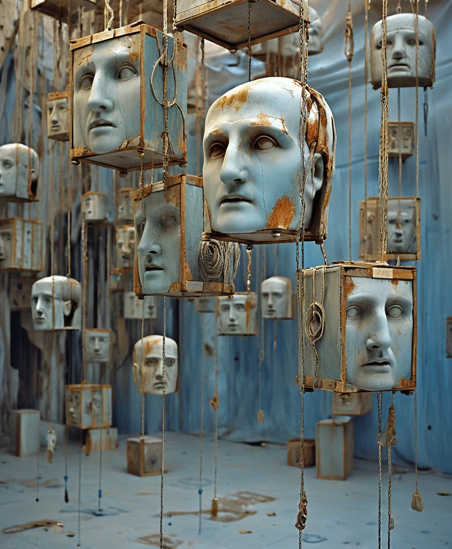 Surreal Warehouse Of Hanging Classical Marble Heads In Blue Light