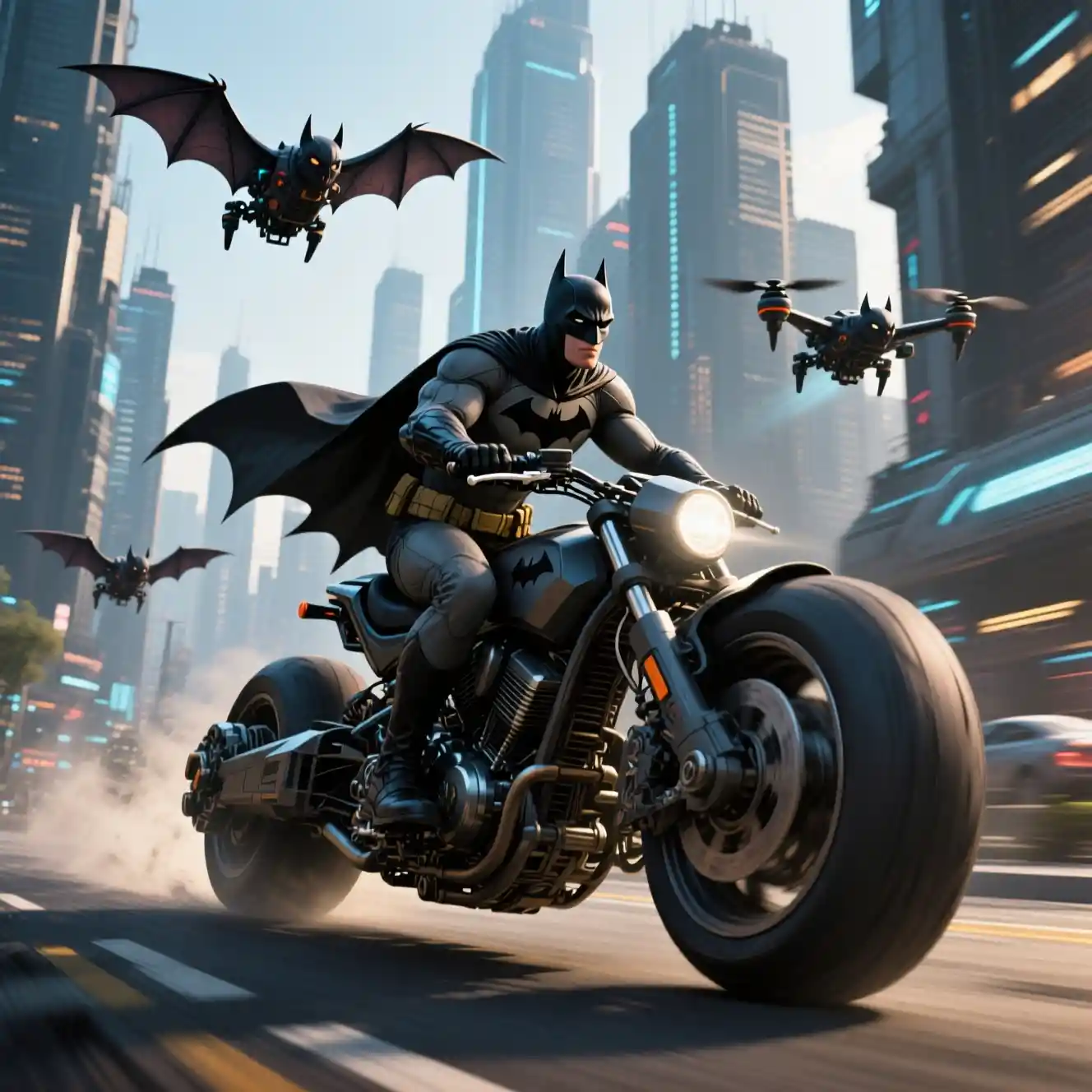 Futuristic Batman Bike Racing Through Neon City Streets
