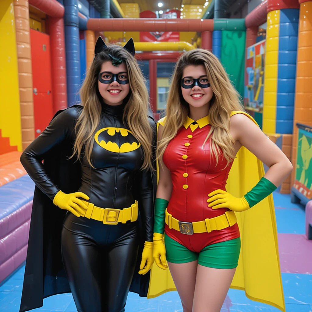 Two kids in superhero costumes in a colorful playroom