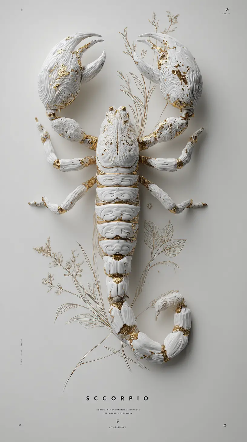 Marble Scorpion Sculpture Emerging From Minimal White Background