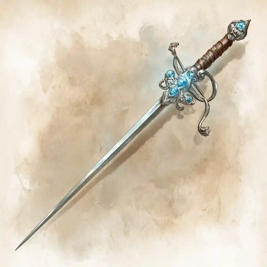 Stocco Incantato con Guardia di Gemme Luminose su Pergamena