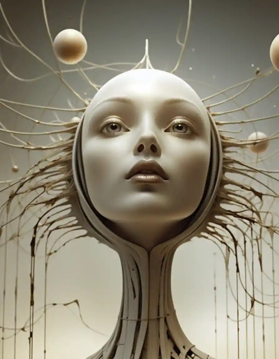 Surreal digital portrait of elongated porcelain faced woman