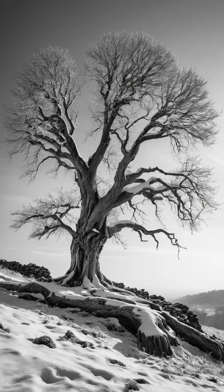 Antiguo árbol invernal coronado de carámbanos en una colina nevada