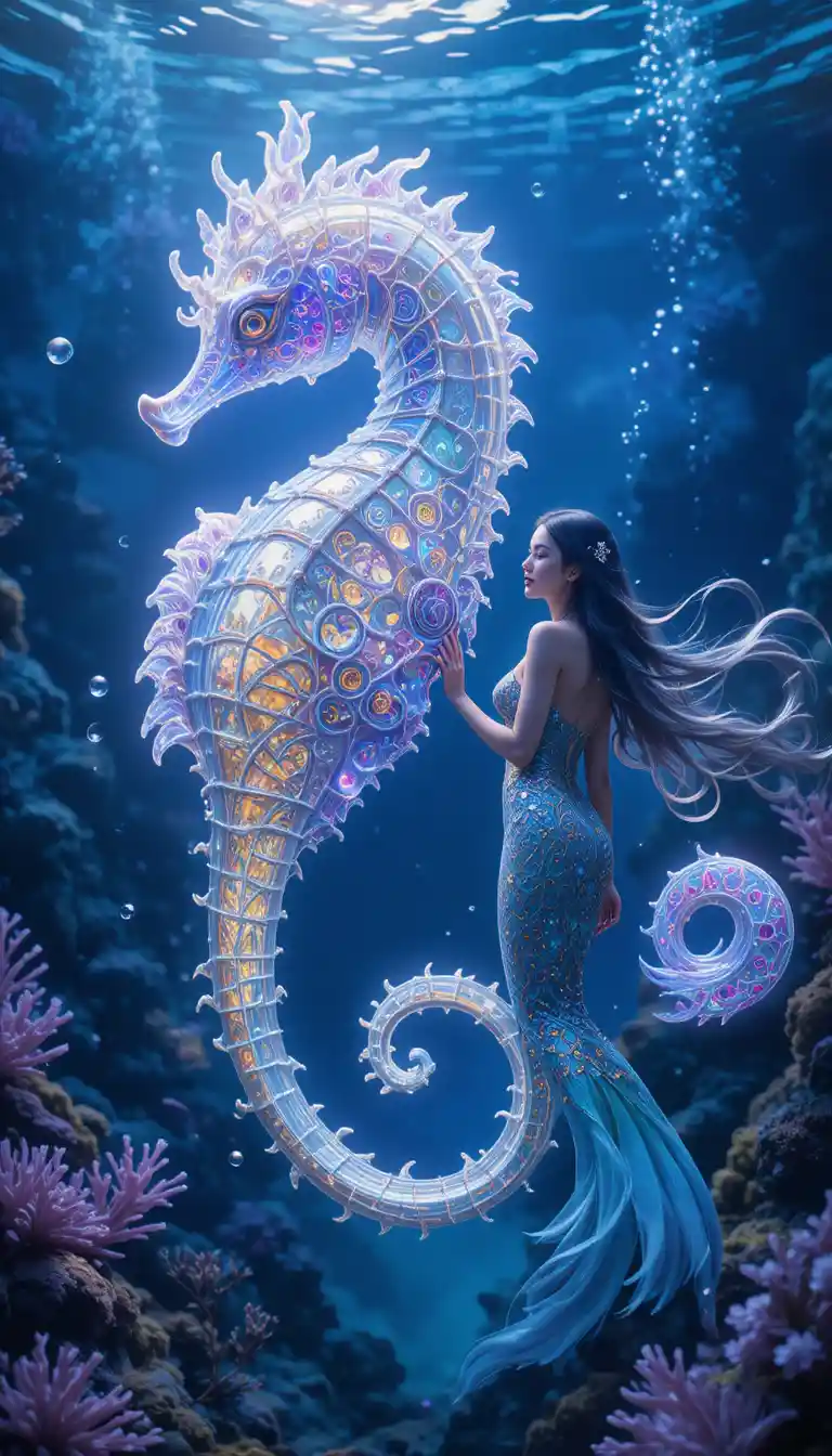 Fantasy seahorse glowing beside mermaid in underwater coral