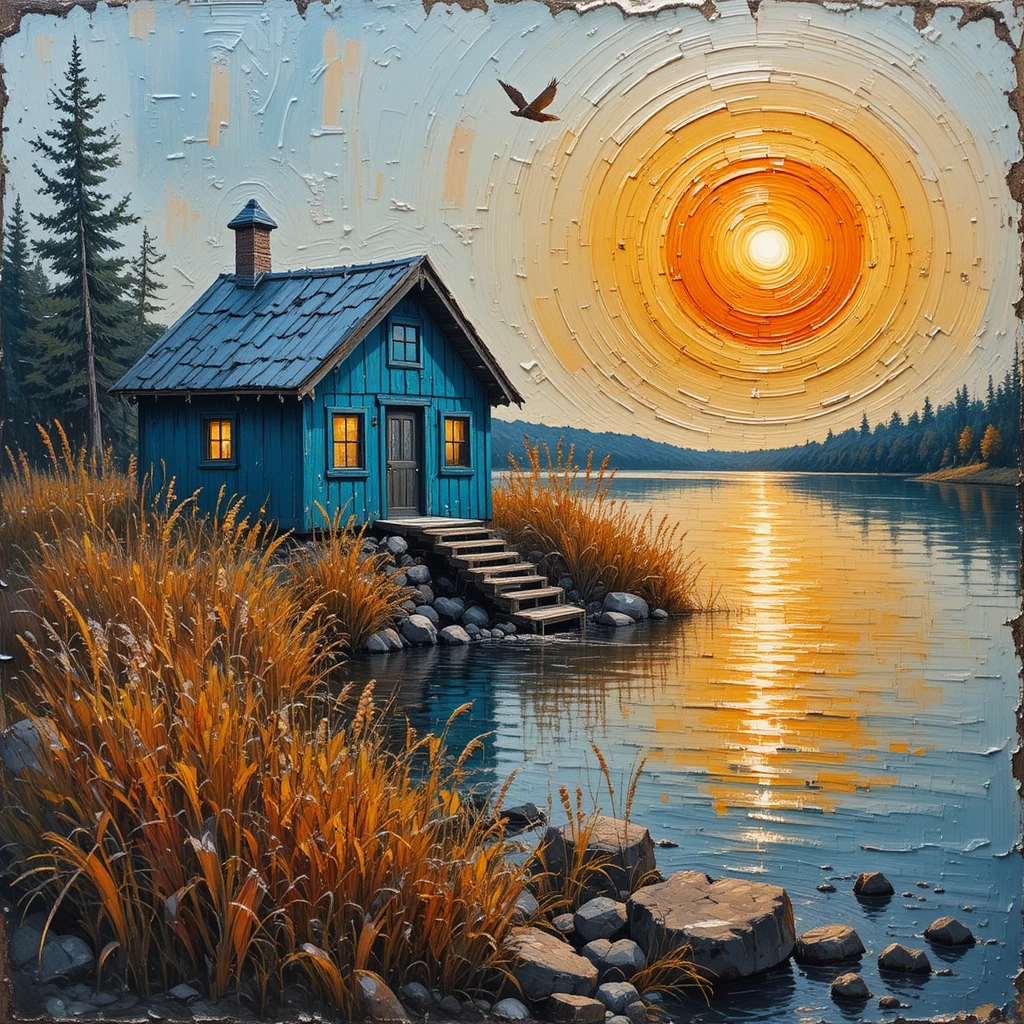Rustic blue lakeside cabin oil painting at sunset