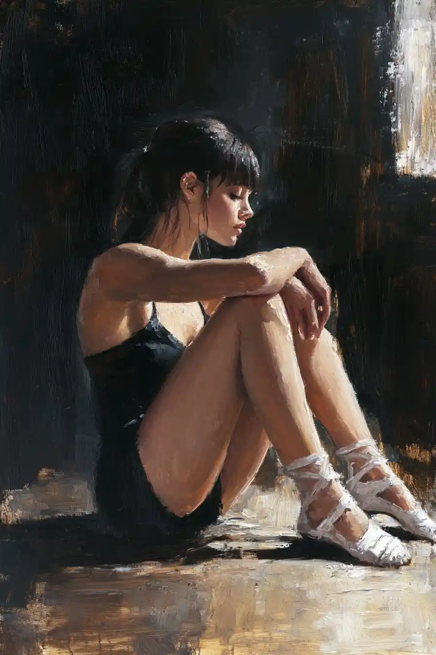Bailarina contemplativa descansando en el suelo del estudio bajo una luz suave
