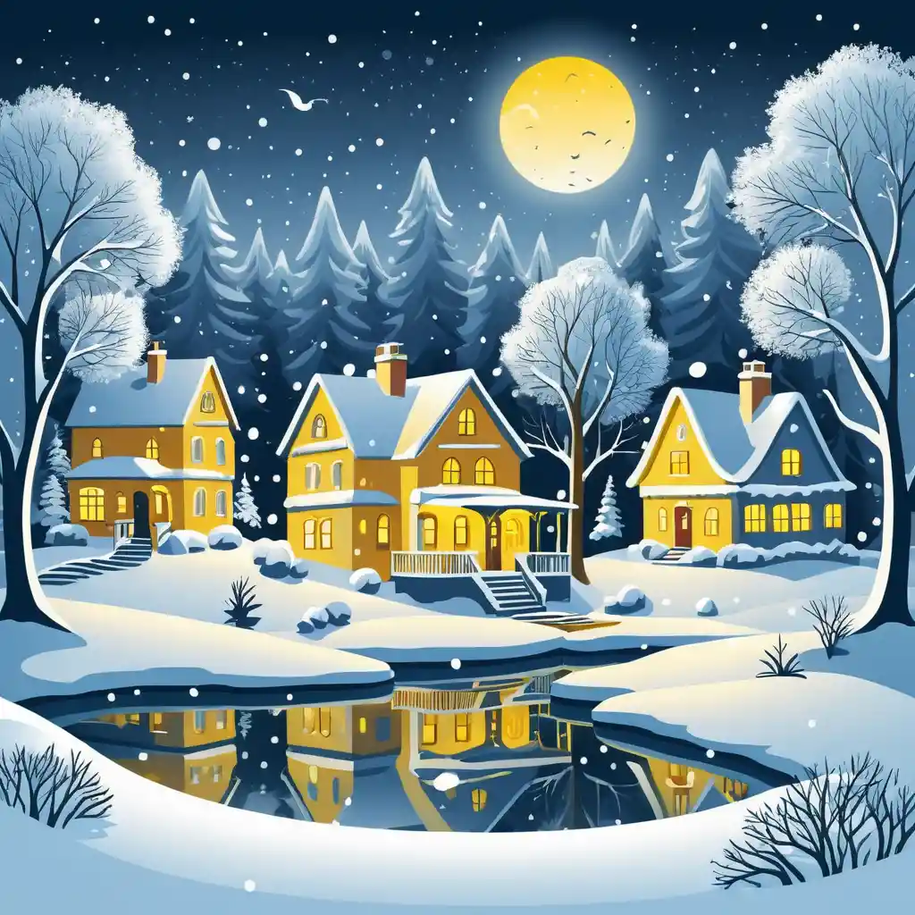 Whimsical winter village with glowing houses and frozen pond