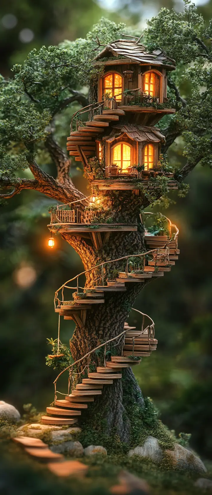 Vertical Spiral Treehouse Diorama In A Peaceful Forest