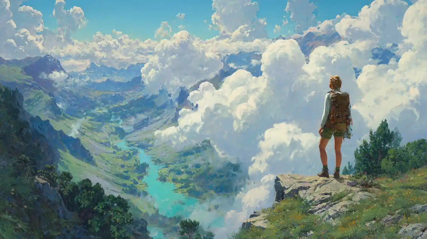 Hiker woman on cliff overlooking river valley and mountains