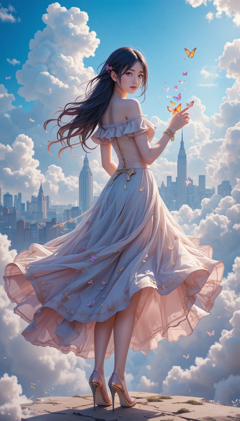 Fille d’anime tenant des papillons sous un ciel nuageux