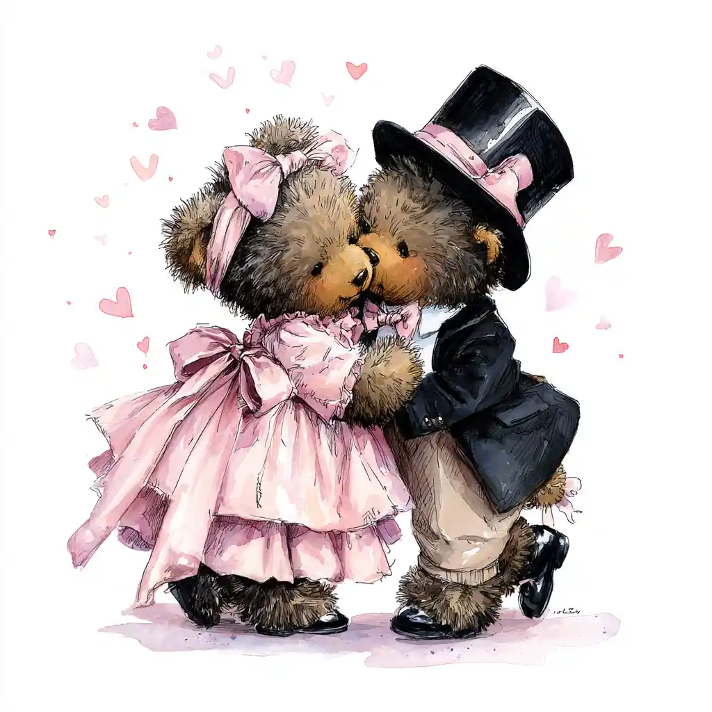 Coppia romantica di orsacchiotti che si baciano in un'illustrazione pastello