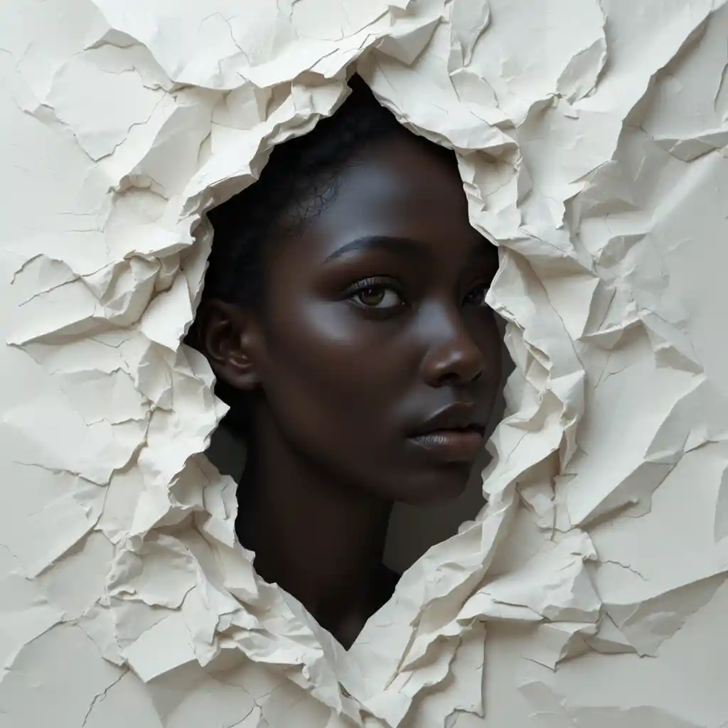 Retrato de una mujer en papel arrugado que emerge de una hoja blanca