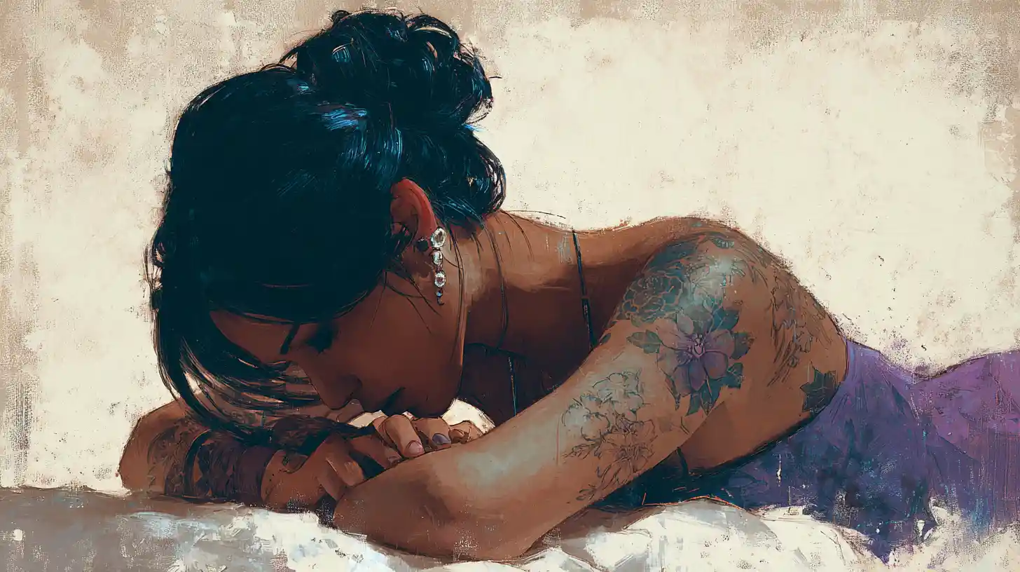 Young woman receiving a celestial tattoo in dark studio