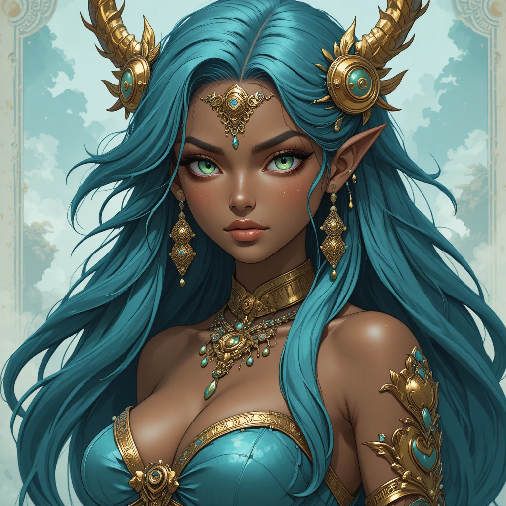 Ancient sea goddess with brown skin and turquoise hair