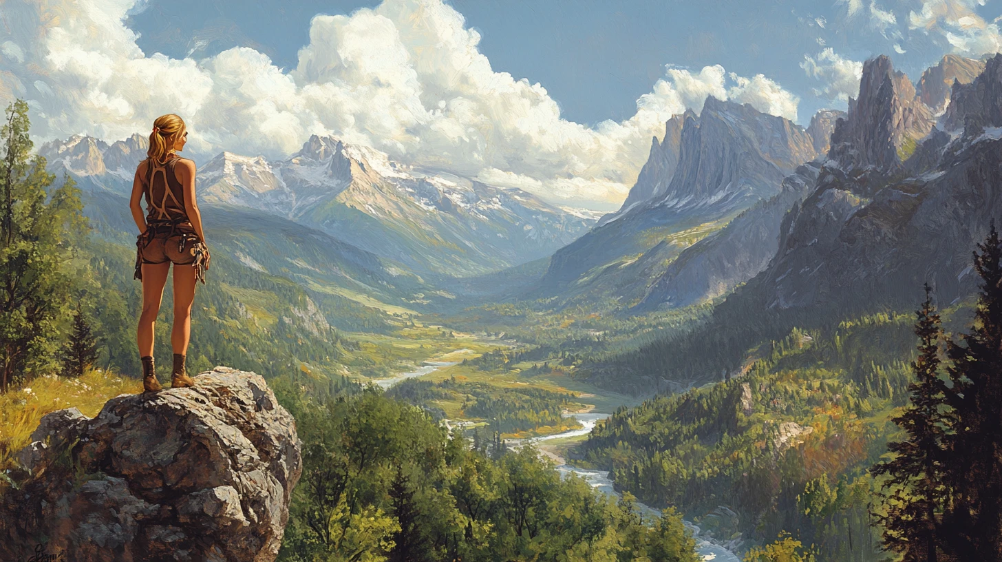 Hiker girl on cliff above river valley and distant mountains