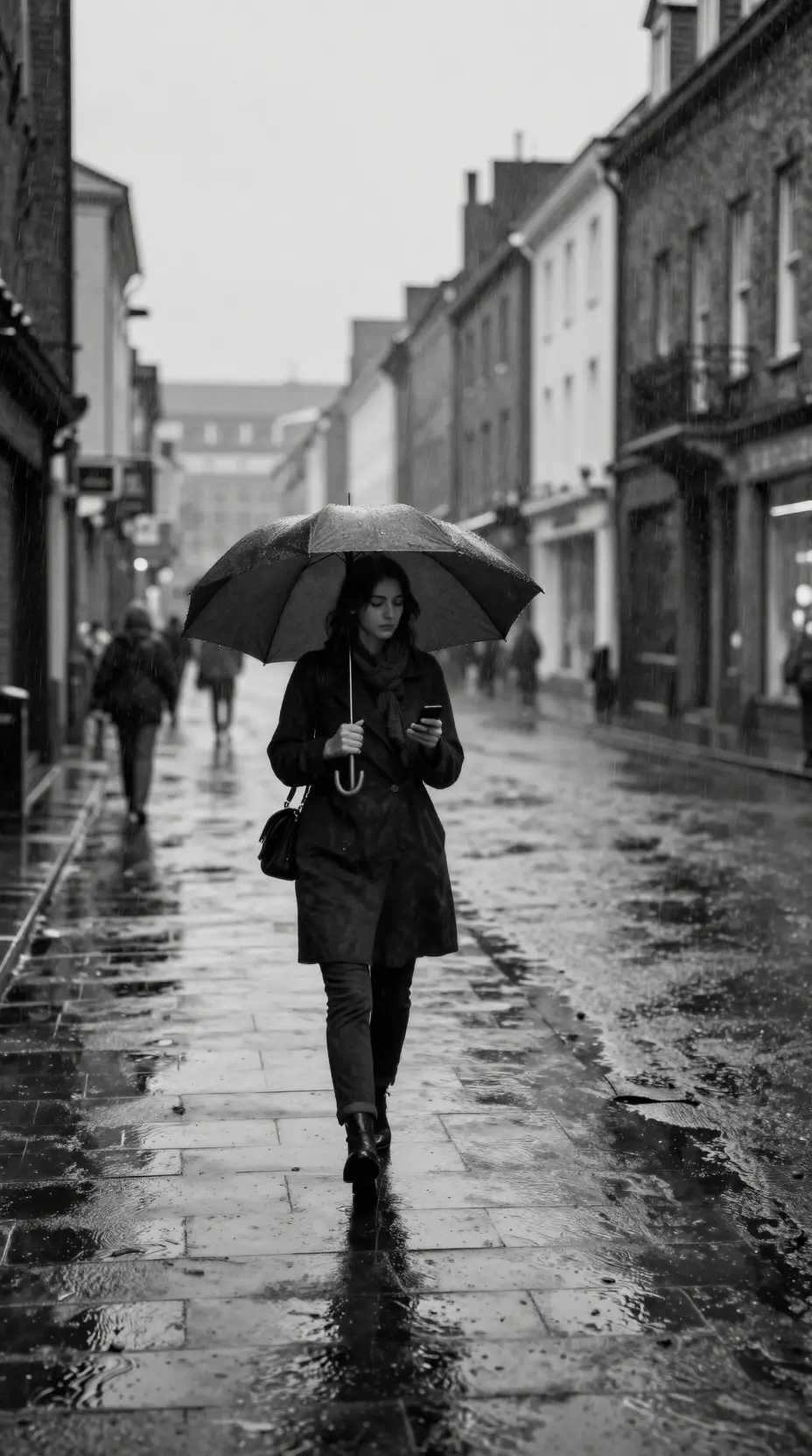 Lonely city street in atmospheric black and white rain