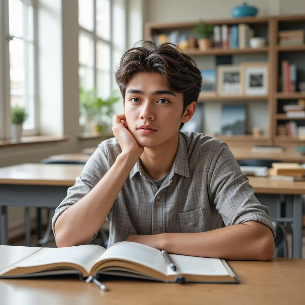 Student studying with open books at a bright organized desk